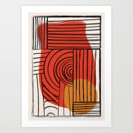 Geometric Continuous Line Art Abstract, Red Orange Black Color Palette, Bold Contemporary Modern Fine Art Art Print