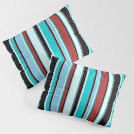 [ Thumbnail: Brown, Dark Turquoise, Light Cyan, Sky Blue, and Black Colored Lines/Stripes Pattern Pillow Sham ]