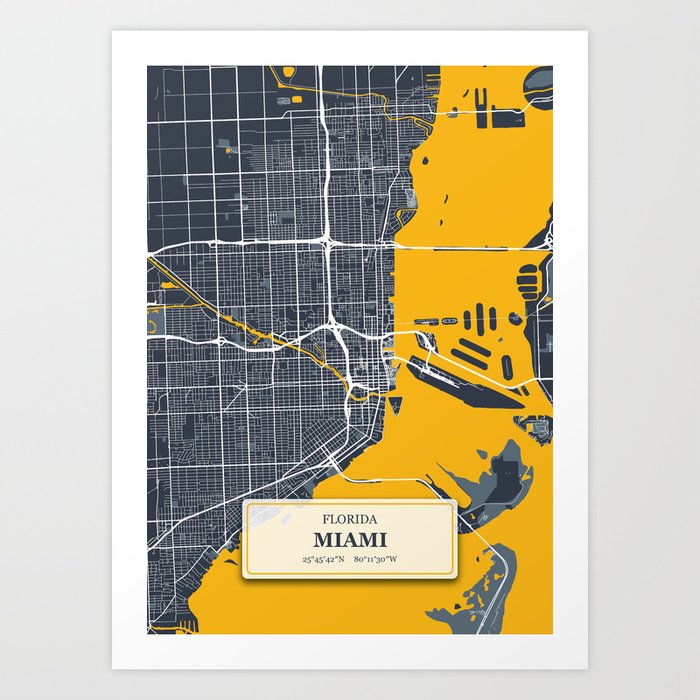 Miami Florida City Map with GPS Coordinates Art Print by danydesign