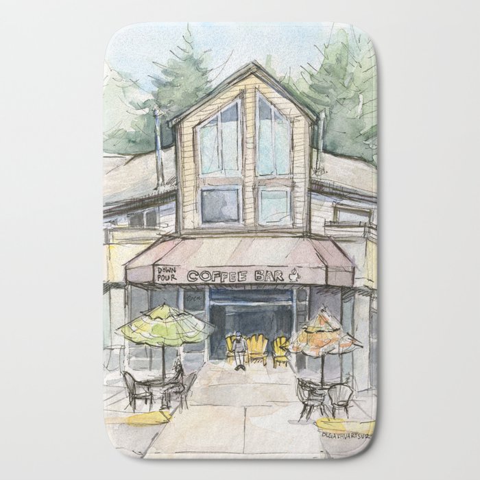 Coffee Shop Art Urban City Watercolor Bath Mat By Olechka Society6