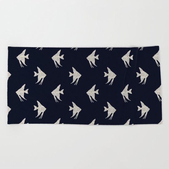 White fishes on Navy blue maritime sea design Beach Towel