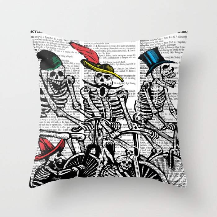 Calavera Cyclists | Skeletons on Bikes | Day of the Dead | Dia de los Muertos | Dictionary Text | Throw Pillow