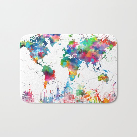 world map watercolor collage Bath Mat