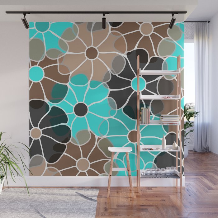 Translucent Modern Flower Pattern - Turquoise, Teal, Brown, Black Wall Mural