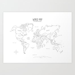 World Map minimal sketchy black and white Art Print