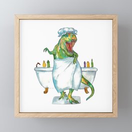 T-rex taking bath dinosaur painting Framed Mini Art Print