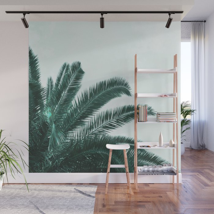 Modern mint green palm leaves Mural by ARTbyJWP | Society6
