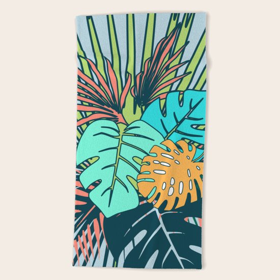 Tropical leaves blue Beach Towel