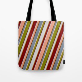 [ Thumbnail: Colorful Slate Gray, Light Gray, Dark Salmon, Green, and Maroon Colored Lined Pattern Tote Bag ]