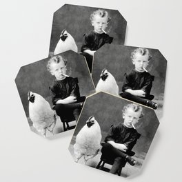 Smoking Boy with Chicken black and white photograph - photography - photographs Coaster
