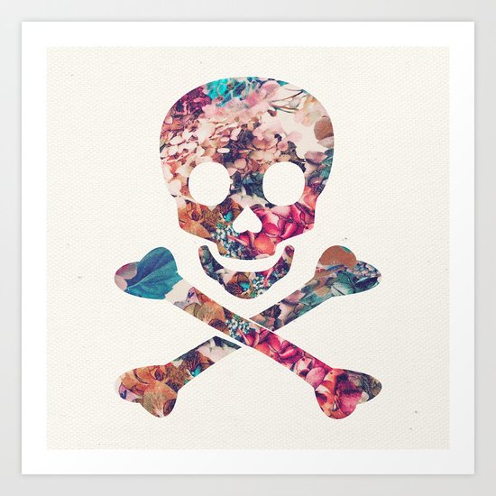 Pink Teal Vintage Floral Pattern Skull Cross Bones Art Print