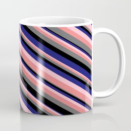 [ Thumbnail: Eye-catching Pink, Light Coral, Dim Grey, Black, and Midnight Blue Colored Stripes Pattern Coffee Mug ]