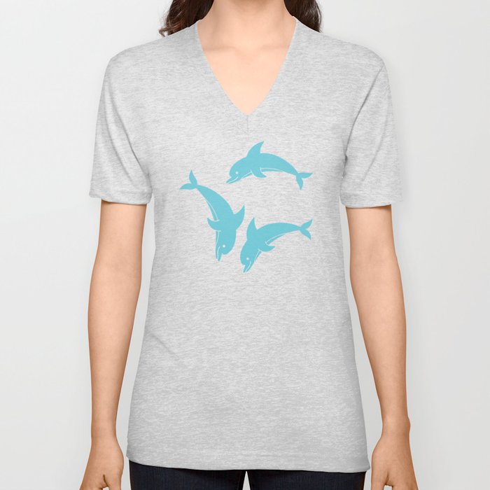 Cute Dolphin Pattern- Seafoam Blue Dolphins on Navy Blue V Neck T Shirt