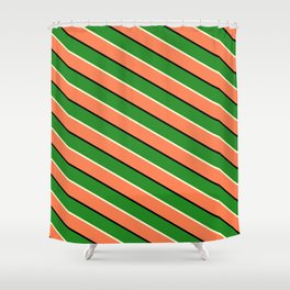 [ Thumbnail: Forest Green, Light Yellow, Coral & Black Colored Striped Pattern Shower Curtain ]