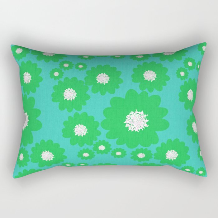 Retro Modern Green 70’s Flowers On Turquoise Rectangular Pillow