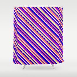 [ Thumbnail: Blue, Dark Violet, Salmon & Pale Goldenrod Colored Lined Pattern Shower Curtain ]