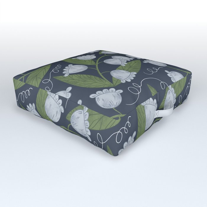 Colorful Floral Plant Pattern - Flowers with Leaves in Navy Blue Background Outdoor Floor Cushion