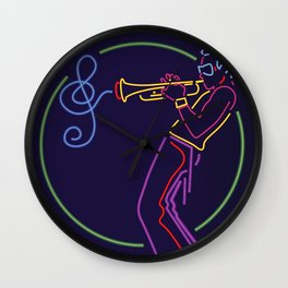 Jazz trumpet player neon sign Wall Clock