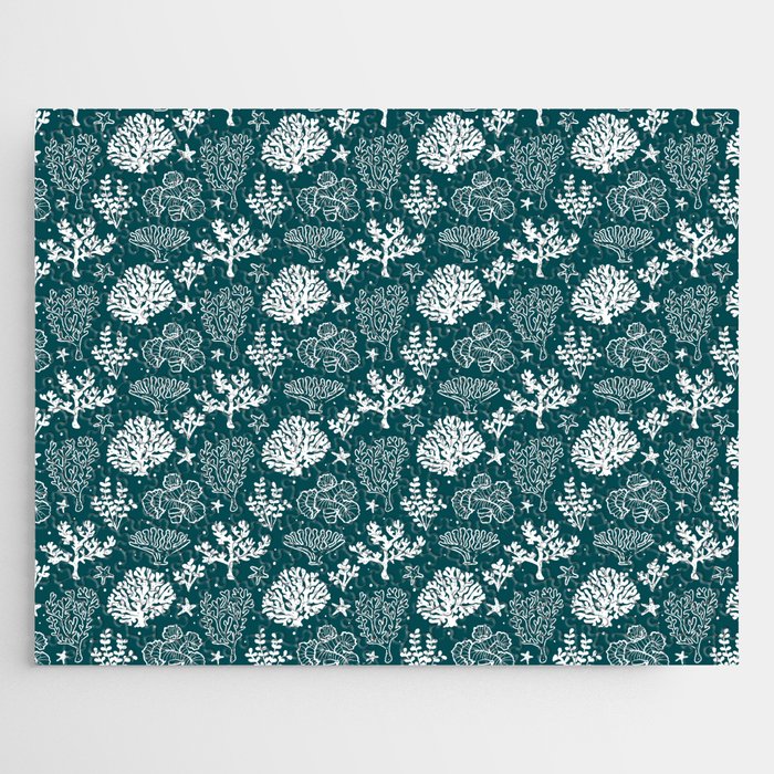 Teal Blue And White Coral Silhouette Pattern Jigsaw Puzzle