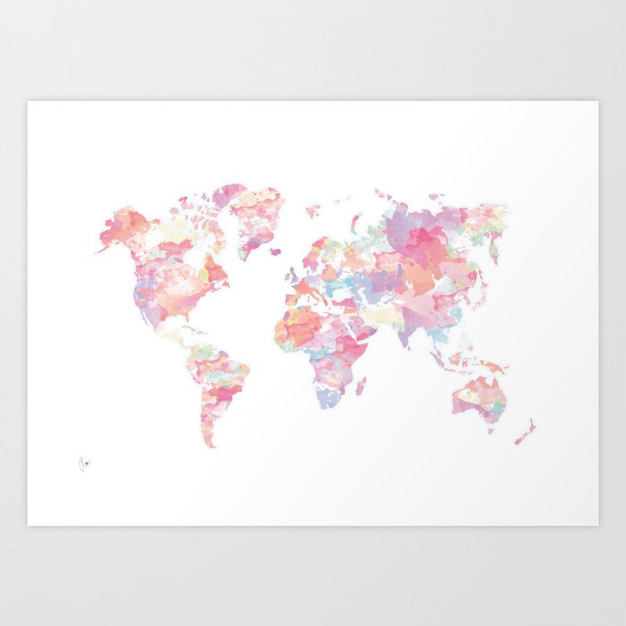 Watercolour World Map (pink) Art Print