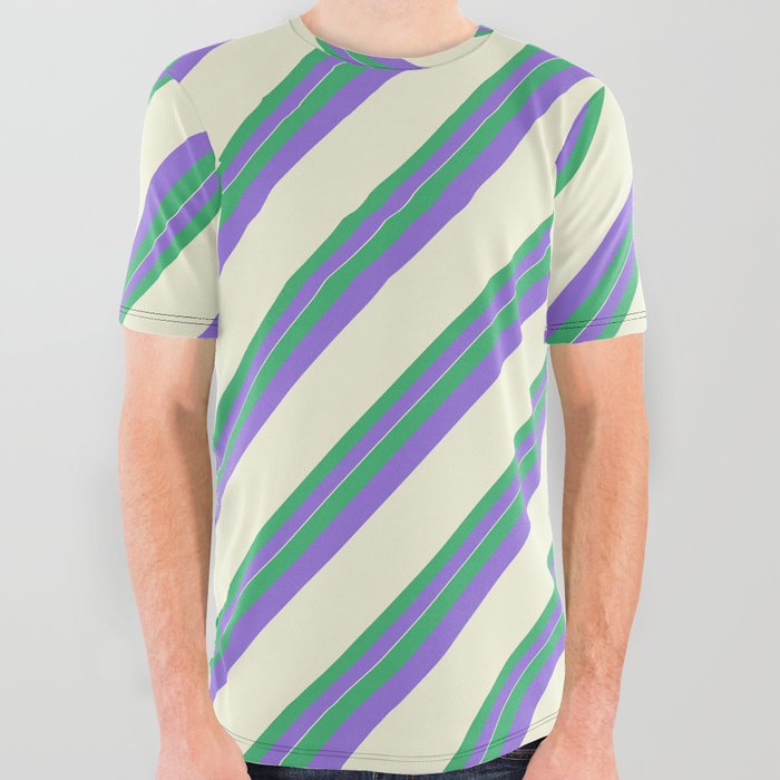 Sea Green, Purple & Beige Colored Stripes/Lines Pattern All Over Graphic Tee