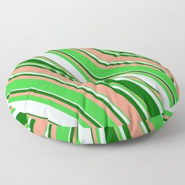 [ Thumbnail: Dark Salmon, Lime Green, Light Cyan, and Dark Green Colored Stripes/Lines Pattern Floor Pillow ]