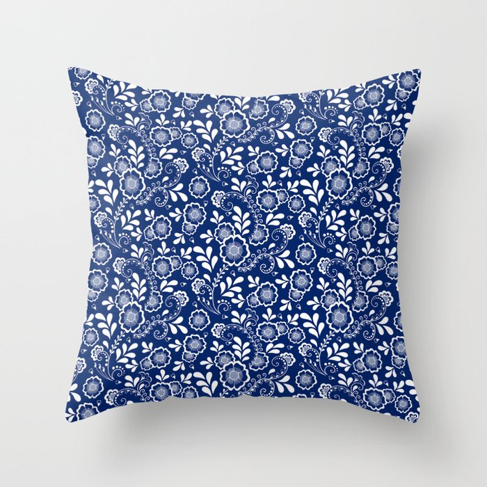Blue And White Eastern Floral Pattern Throw Pillow