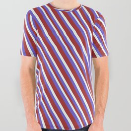 [ Thumbnail: Slate Blue, Brown & Mint Cream Colored Lines/Stripes Pattern All Over Graphic Tee ]