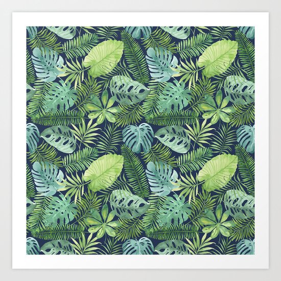 Tropical Branches on Dark Pattern 08 Art Print