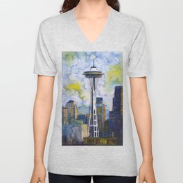 Seattle Washington Fine Art Watercolor Painting "Seattle Space Needle" V Neck T Shirt