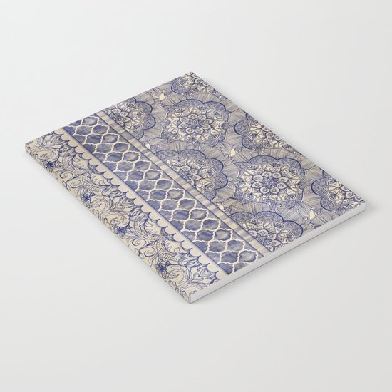 Vintage Wallpaper - hand drawn patterns in navy blue & cream Notebook