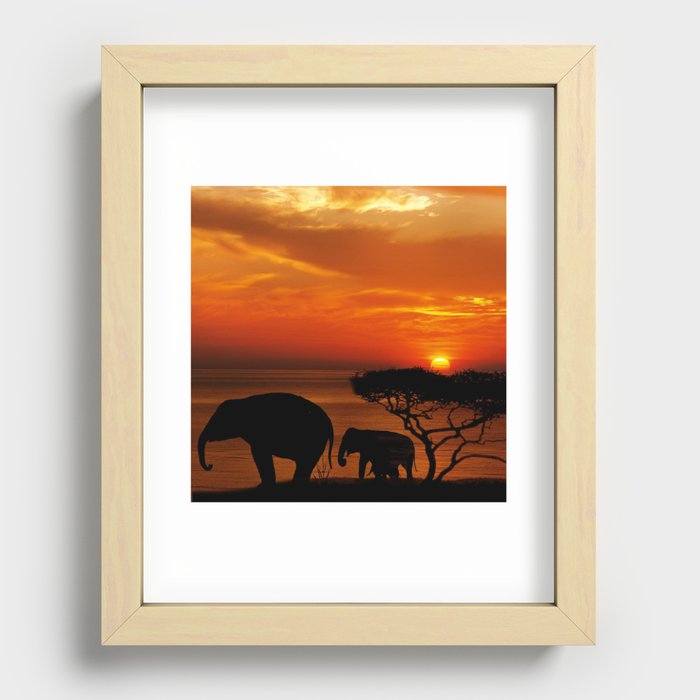 South Africa Photography - The Silhouette Of Elephants  In The Sunset Recessed Framed Print