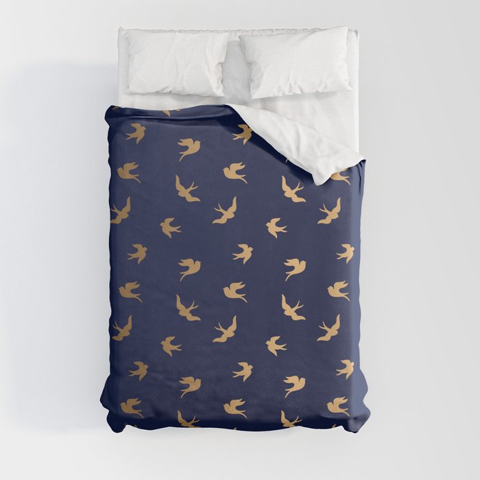 Gold Flying Birds Seamless Pattern on Navy Blue background Duvet Cover