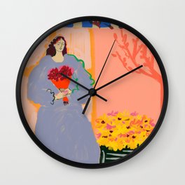 FLOWER SHOPPING Wall Clock | Sandrapoliakov, Bouquet, Woman, Pastel, Stripes, Street, Bloom, Matisse, Pink, Summer 