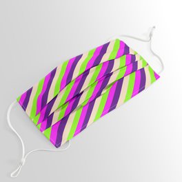 [ Thumbnail: Chartreuse, Fuchsia, Indigo & Bisque Colored Lined/Striped Pattern Face Mask ]