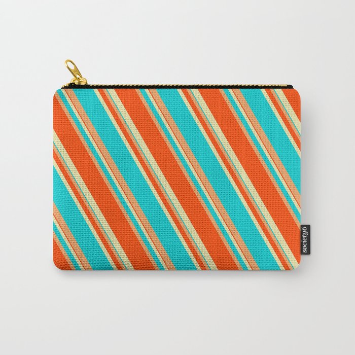 Pale Goldenrod, Dark Turquoise, Brown, and Red Colored Lines/Stripes Pattern Carry-All Pouch