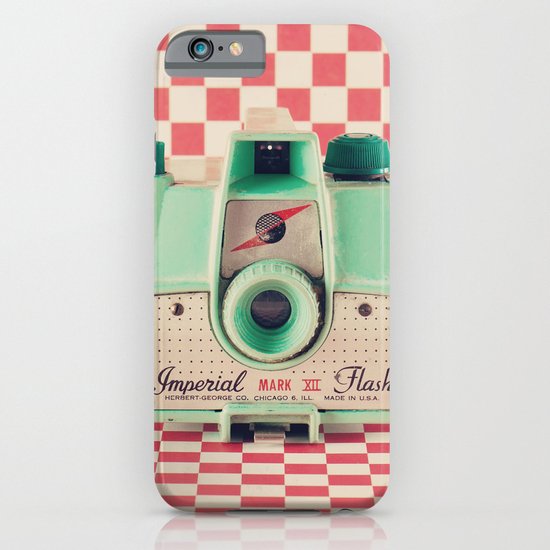 Mint Retro Camera on Red Chequered Background iPhone & iPod Case