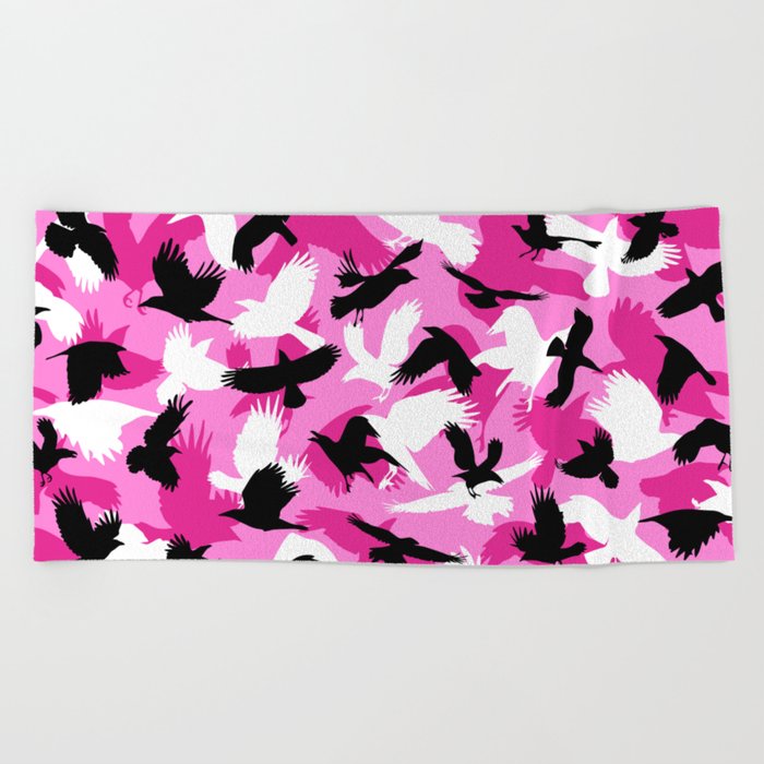 Raven Crow Flying Birds Pink Jungle Camo Camouflage Pattern Beach Towel