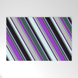 [ Thumbnail: Dark Orchid, Light Cyan, Dark Slate Gray, Grey, and Black Colored Lines Pattern Welcome Mat ]