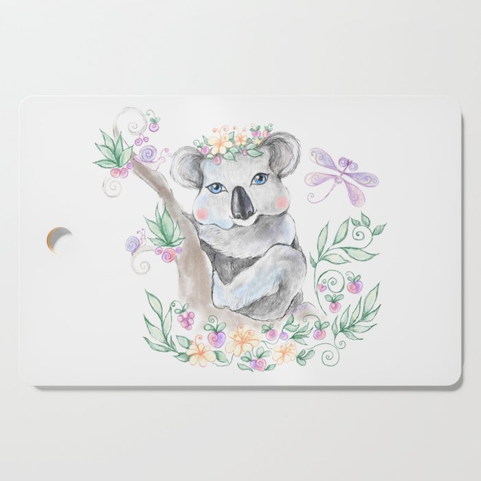 Baby koala with blue eyes and flowers Cutting Board