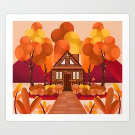 Fall house - cute flat illustration  Art Print