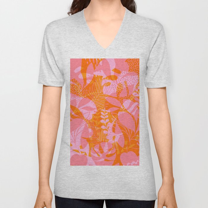 Tropical Jungle Pattern - Orange & pink V Neck T Shirt