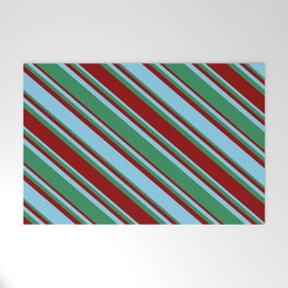 [ Thumbnail: Sky Blue, Sea Green, and Dark Red Colored Lined/Striped Pattern Welcome Mat ]