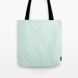 [ Thumbnail: Beige & Powder Blue Colored Lined/Striped Pattern Tote Bag ]
