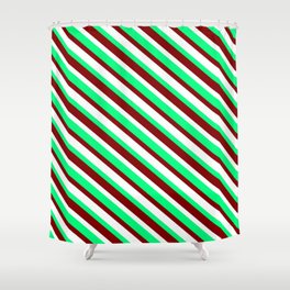 [ Thumbnail: Maroon, White, and Green Colored Striped Pattern Shower Curtain ]