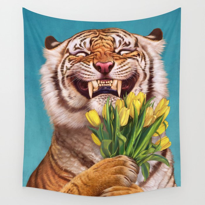 Smiling (shy) Tiger - holding bouquet (tulip) Wall Tapestry