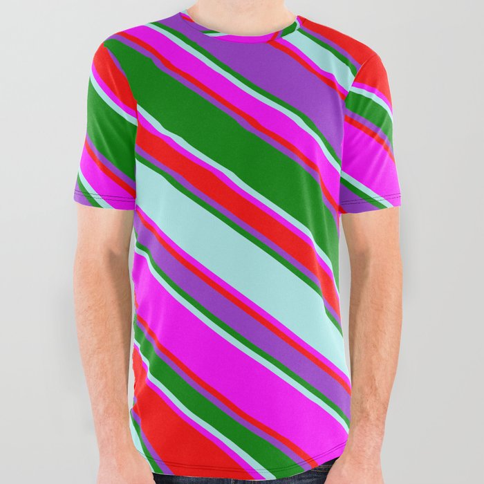 Eyecatching Fuchsia, Red, Dark Orchid, Green & Turquoise Colored Lined Pattern All Over Graphic Tee