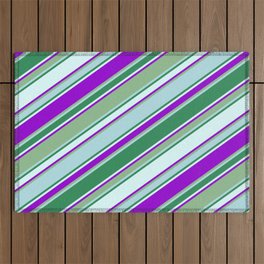 [ Thumbnail: Vibrant Dark Sea Green, Powder Blue, Sea Green, Light Cyan & Dark Violet Colored Lines Pattern Outdoor Rug ]