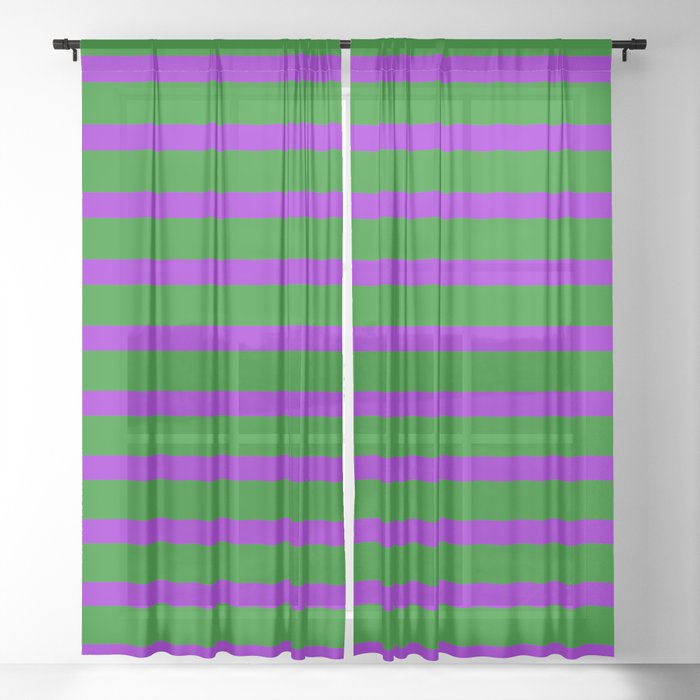 Green & Dark Violet Colored Lined Pattern Sheer Curtain