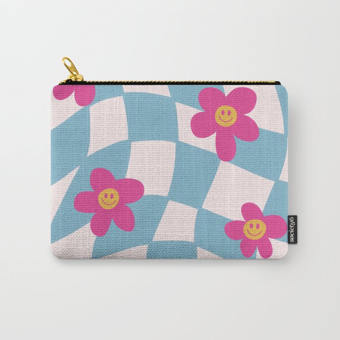 Retro Smiley Face 60s Flower with Blue Checkered Pattern Carry-All Pouch